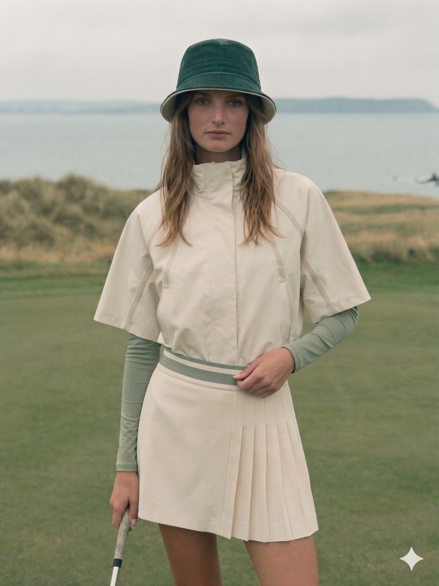 A woman on a British coastal links in the full Glanymor look — chalk technical shell, sage base layer, cream pleated skort and a racing-green corduroy bucket hat.